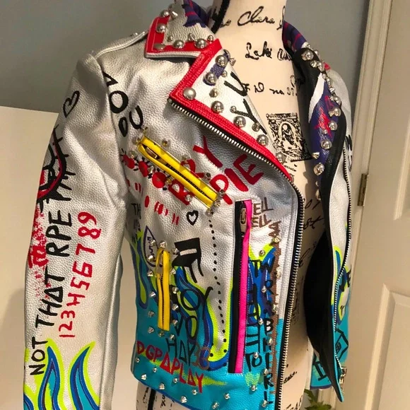 ❌SOLD❌ NWT Graffiti Punk, Rock & Roll Multi Color Graphic Spike & Rivet Moto,XL - Picture 6 of 16
